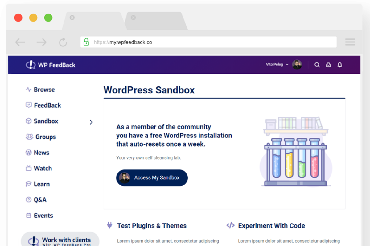 Mockup of the Sandbox on WP Feedback Community